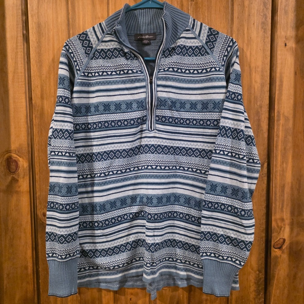 Eddie Bauer Pullover Sweater Womens L Gray Blue Knitted Fair Isle Mock Neck